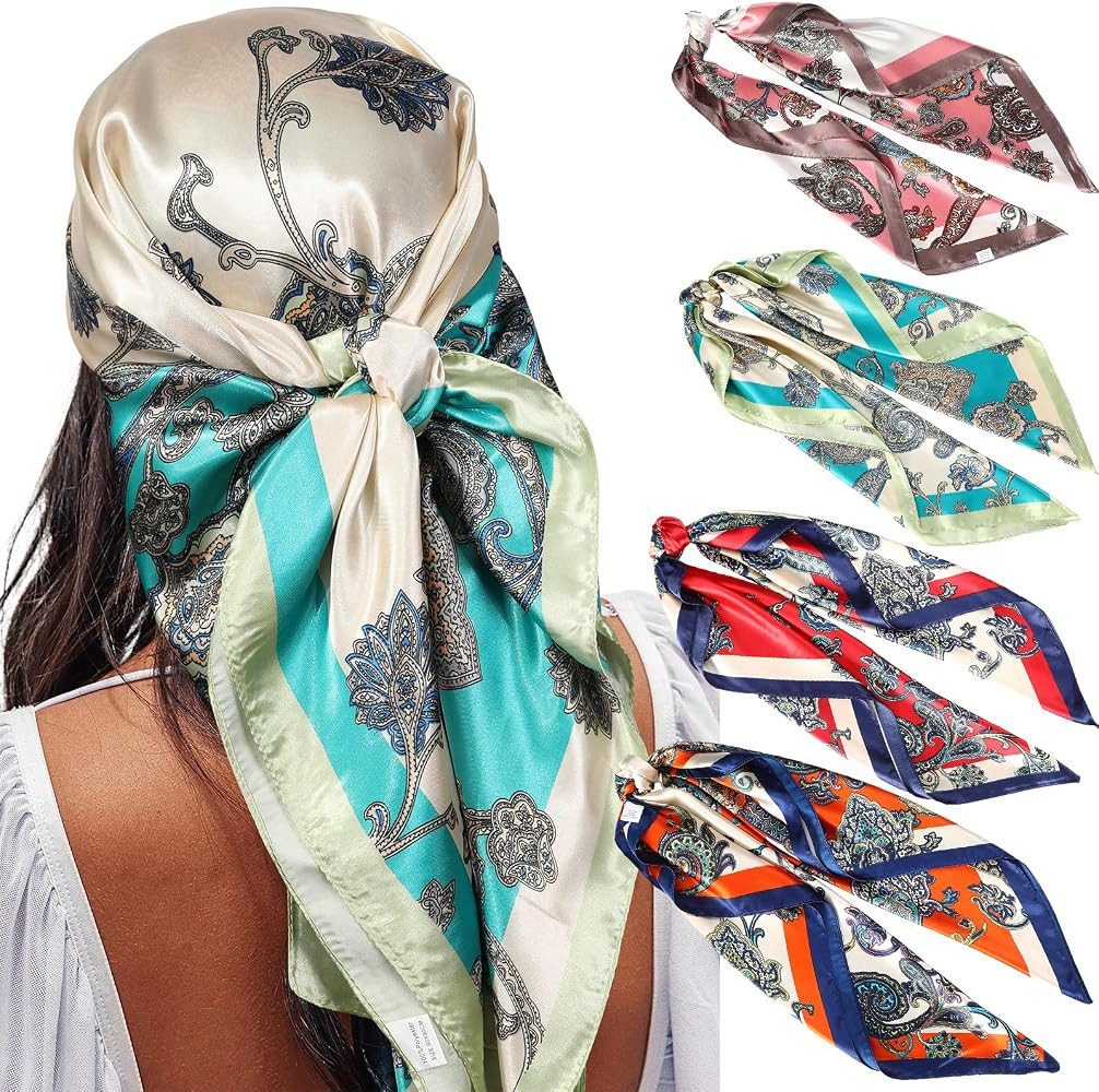 AWAYTR 35\u201d Satin Large Square Head Scarves - 4PCS Silk Like Neck Scarf Hair Sleeping Wraps S... | Amazon (US)
