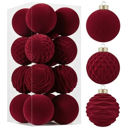 16 Pieces Burgundy Velvet Christmas Balls - Flocked Christmas Tree Ornaments with Metal Buckle - 3.15 Inch Decorative Hanging Ornaments | Walmart (US)