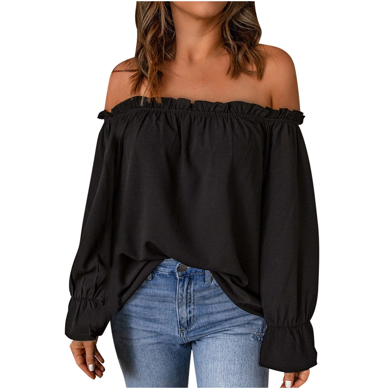 Womens Spring Summer Off The Shoulder Tops Summer Long Sleeve Strapless Blouses T-Shirt Casual Lo... | Walmart (US)