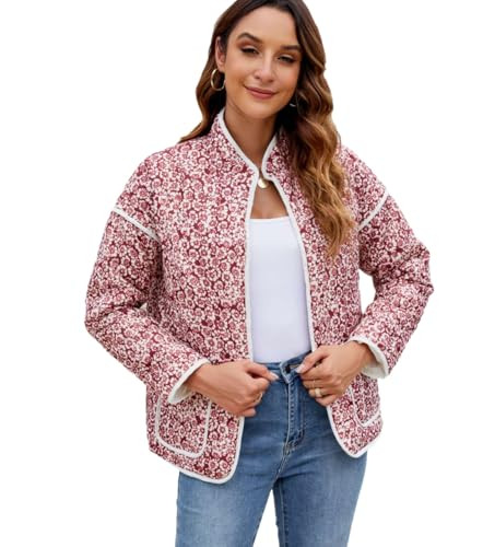 Yozazzy Women's Cropped Floral Quilted Jacket Lightweight Open Front Padded Puffer Coat(Darkpink-XS) | Amazon (US)