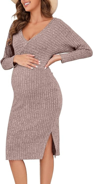 guruixu Wrap V Neck Maternity Sweater Dress Rib Knit Batwing Open Back Slit Pregnancy Dresses Bab... | Amazon (US)