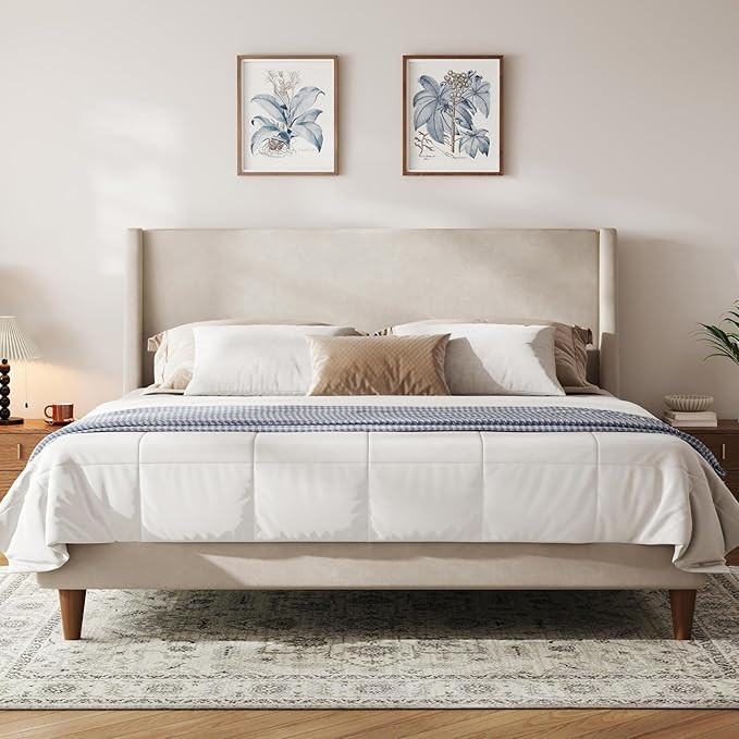 Merax Solid Wood Queen Size Velvet Bed Frame with Wingback Headboard, Modern Upholstered Platform... | Amazon (CA)