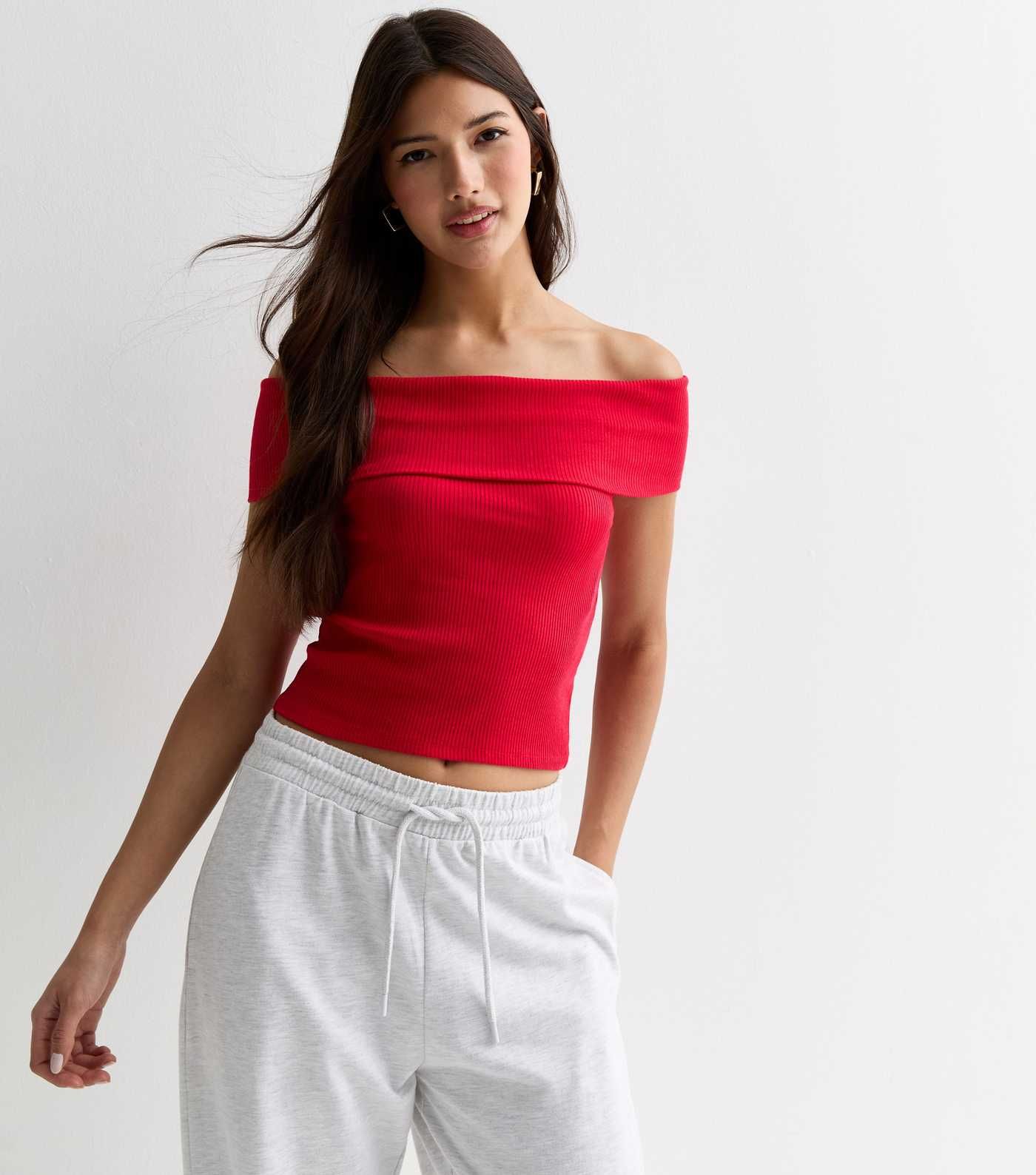 Red Ribbed Short Sleeve Bardot Top | New Look | New Look (UK)