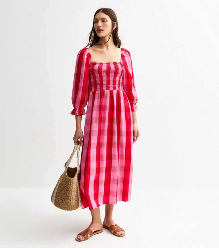 Pink Shirred Check Pattern Midi Dress | New Look | New Look (UK)