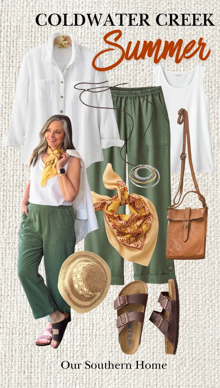 Easy summer style in pieces you’ll wear on repeat ☀️ Sharing this full look from Coldwater Creek including the white gauze layering shirt, tank, Tencel olive cropped pants, neck scarf, mixed metal necklace, raffia hat, crossbody bag, and Birkenstocks. Lightweight, comfortable, and perfect for summer travel, errands, and everyday life. 🤍

#ltkstyle #ltkover40 #ltkover50 #summerstyle #classicstyle #coldwatercreek #liketkit #mycoldwater

#LTKOver40 #LTKSeasonal #LTKootd