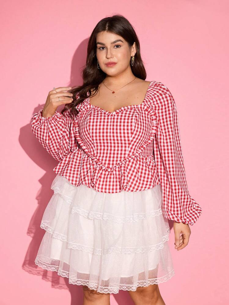 SHEIN MOD Plus Size Retro Plaid Lantern Sleeve Ruffle Hem Blouse Shirt, Valentines Day Gifts, Val... | SHEIN
