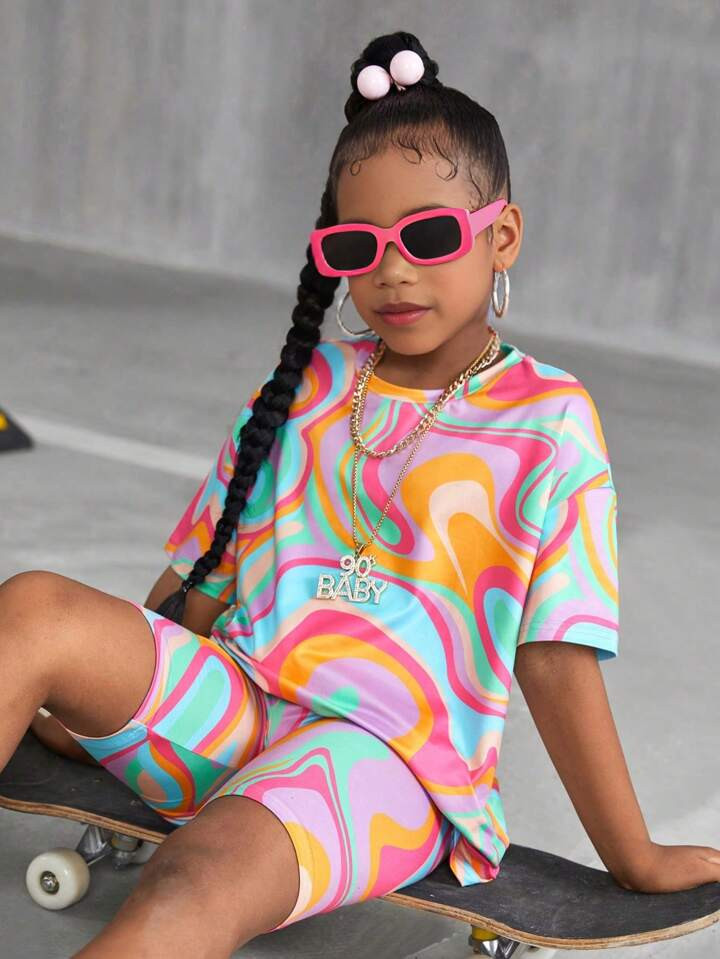 SHEIN SLAYR KIDS SLAYR KIDS Young Girls Casual Colorful Print Knitted Short Sleeve Top And Shorts 2 Pieces Set | SHEIN