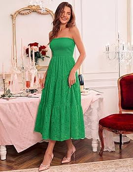 ZESICA Womens 2026 Summer Boho Strapless Midi Dresses Off Shoulder Smocked Eyelet Wedding Guest B... | Amazon (US)