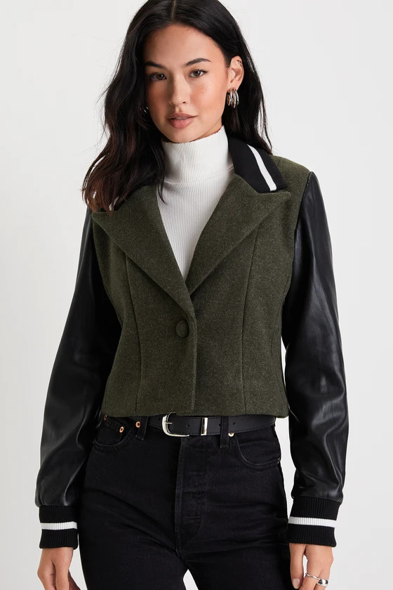Mixed Media Olive Green and Black Cropped Varsity Blazer | Lulus (US)