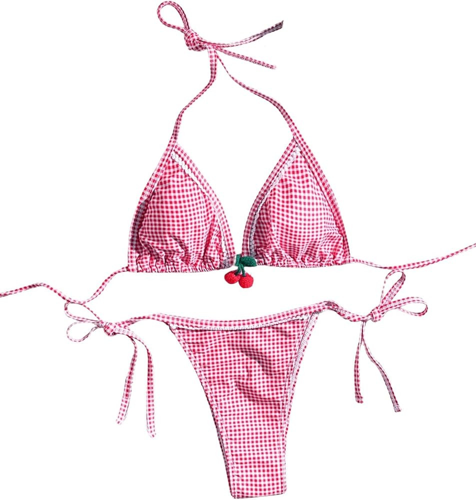 Women's 2 Piece Gingham Bikini Halter Tie Bikini Cherry Triangle Set Y2K Beachwear Swimsuit High ... | Amazon (US)