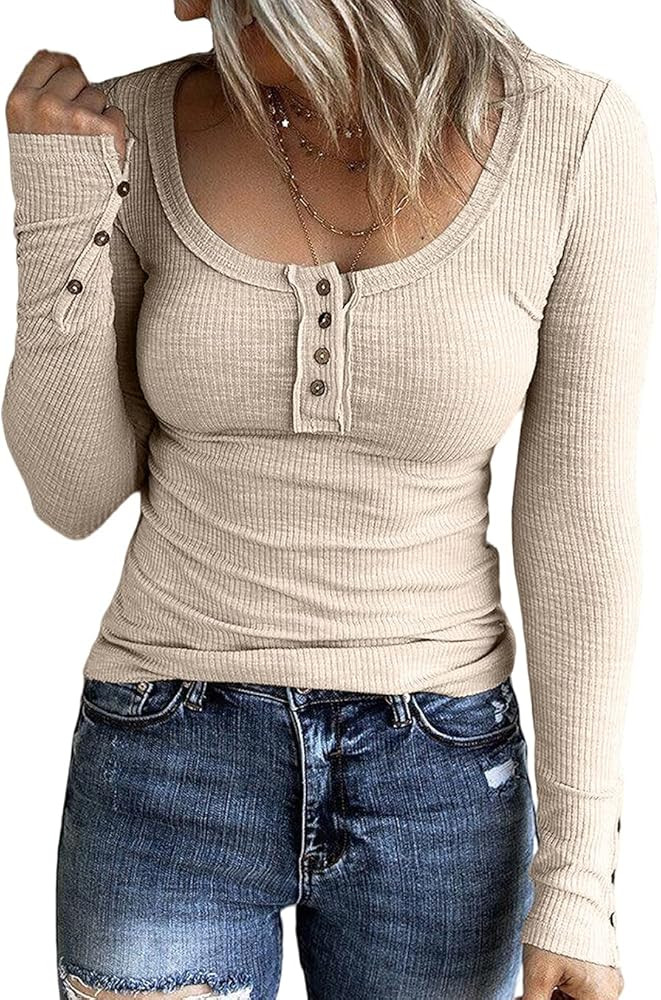 Jollycode Women's Long Sleeve Henley T Shirts Button Down Tops Scoop Neck Ribbed Knit Basic Slim Fit | Amazon (US)
