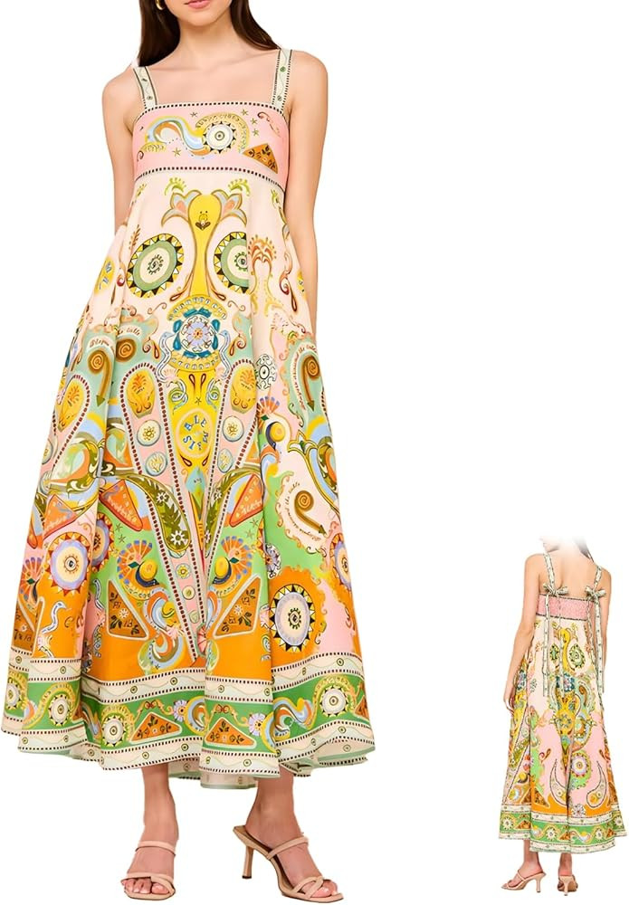 Women Boho Maxi Cami Dress Graffiti Spaghetti Strap Sleeveless Dress Flowy Dress Beach Vacation S... | Amazon (US)