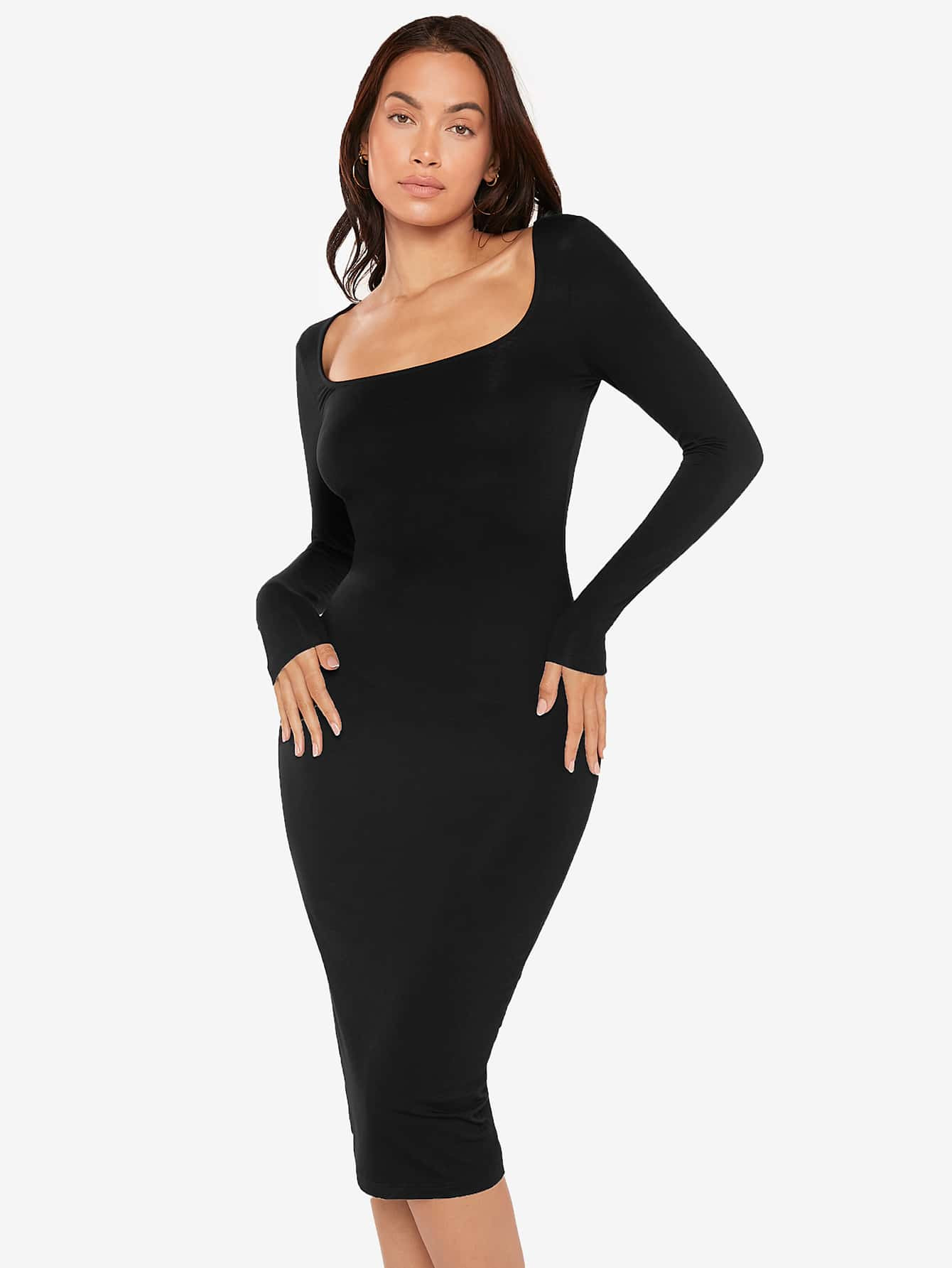SHEIN BASICS Square Neck Solid Bodycon Dress | SHEIN