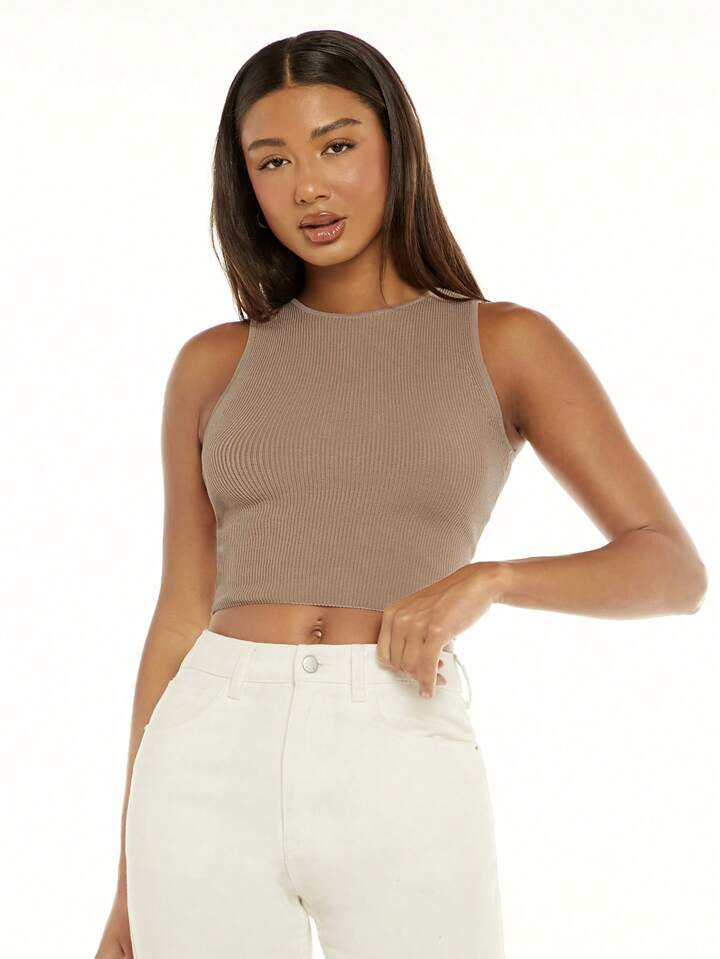 SHEIN BASICS Solid Crop Tank Knit Top | SHEIN