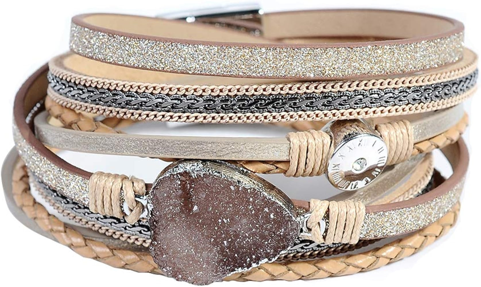 Leather Wrap Bracelet for Women - Handmade Clasp Bangle Bracelet with Pearl Beads Crystal Wristba... | Amazon (US)