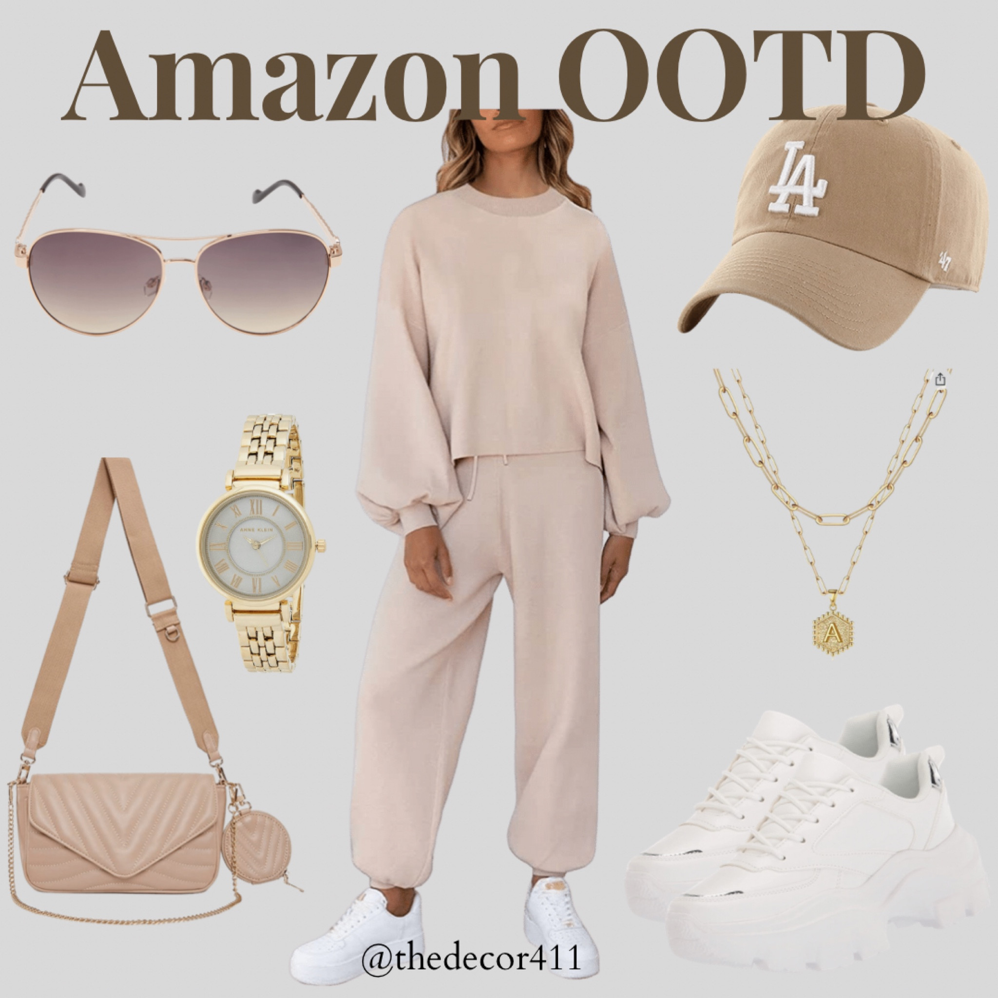 Amazon casual fall ootd
Two piece active, two piece lounge set, white sneakers, sunglasses, ball cap, la cap, hat, watch, necklace, jewelry, travel outfit, travel inspo, comfy outfit, casual fit, neutral outfit, back to school, earrings, lounge wear, chunky white sneakers, quilted crossbody