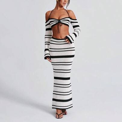 Women's Crochet Knit Bikini Cover Off The Shoulder Two Pieces Sets Black And White Striped Knitted Block Color Skirt Set | SHEIN