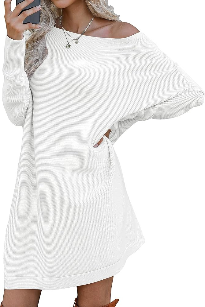 ANRABESS Women's Off Shoulder Boat Neck Long Batwing Sleeve Casual Loose Oversized Pullover Tunic Sw | Amazon (US)