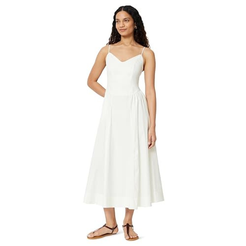 Amazon Essentials Women's Fit & Flare Thin Strap Cotton Poplin Midi Dress, Bright White, Large | Amazon (US)