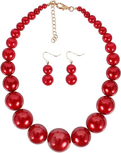 KOSMOS-LI Large Style Big Imitate Pearl Strand Choker Necklace with Earrings Set | Amazon (US)