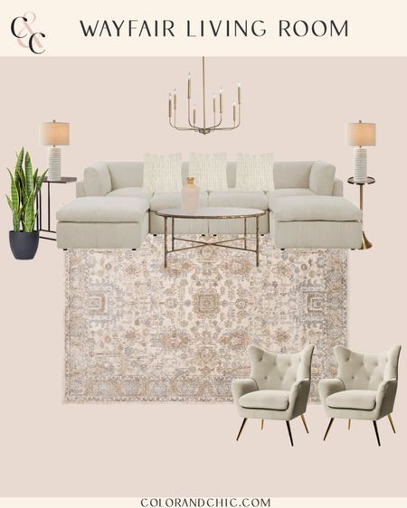 Wayfair living room inspiration with beige sectional, neutral area rug, accent chairs and more! Love table lamps and coffee table. 

#LTKhome #LTKstyletip