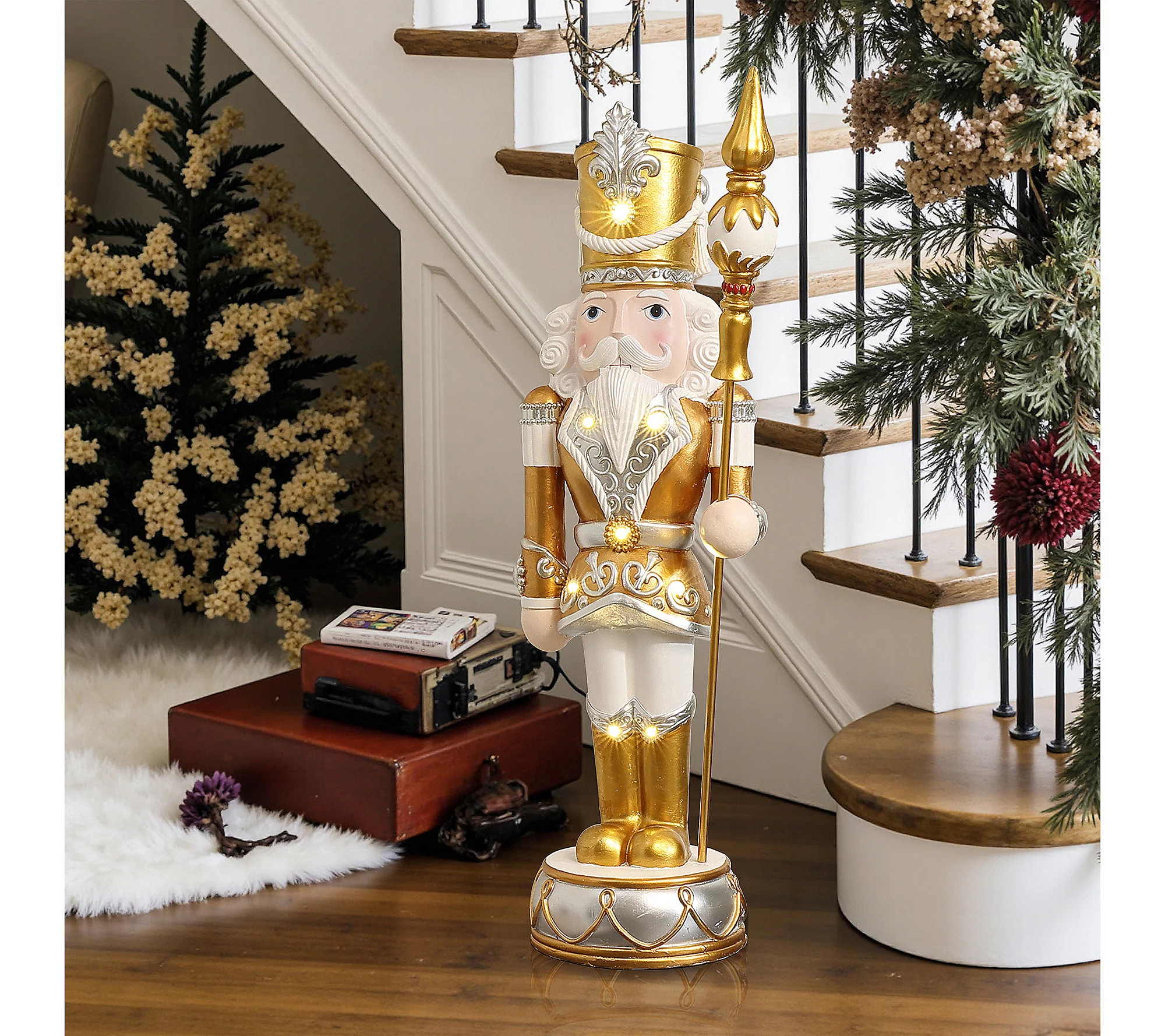 LuxenHome 3ft Lighted Silver and Gold Nutcracke r with Scepter | QVC