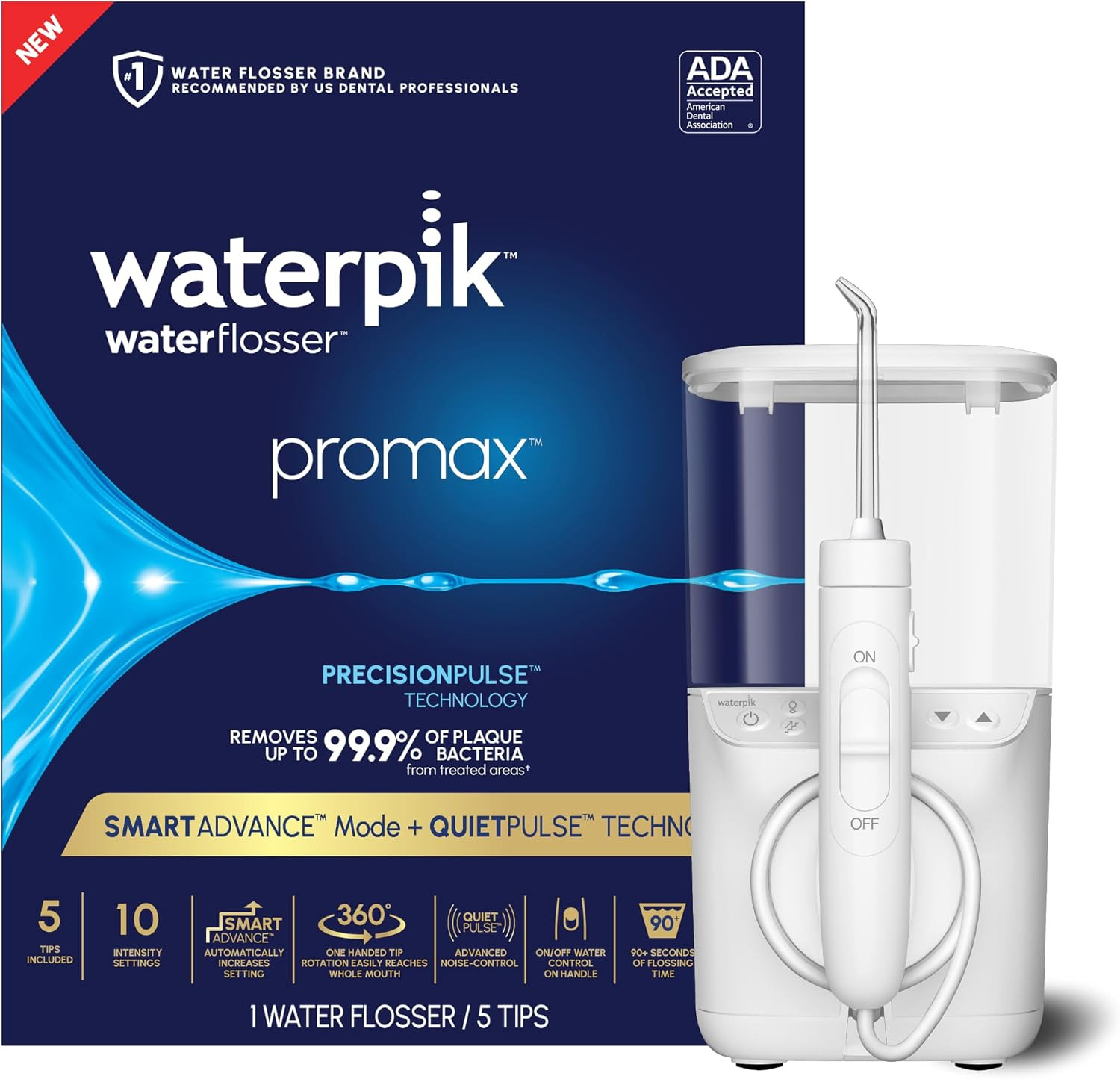 Waterpik Promax Water Flosser with SmartAdvance Mode for Daily Gum Health and Cleaning Teeth, Braces, Implants, ADA Accepted, Small Quiet Design, Electric Flosser with 10 Settings, 5 Tips, WF-23 | Amazon (US)