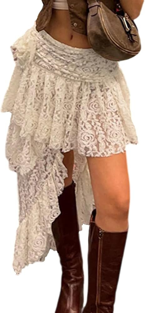 Women's Fashion Instagram Irregular Half Skirt Women's Asymmetric Design Lace Flower Half Skirt | Amazon (US)