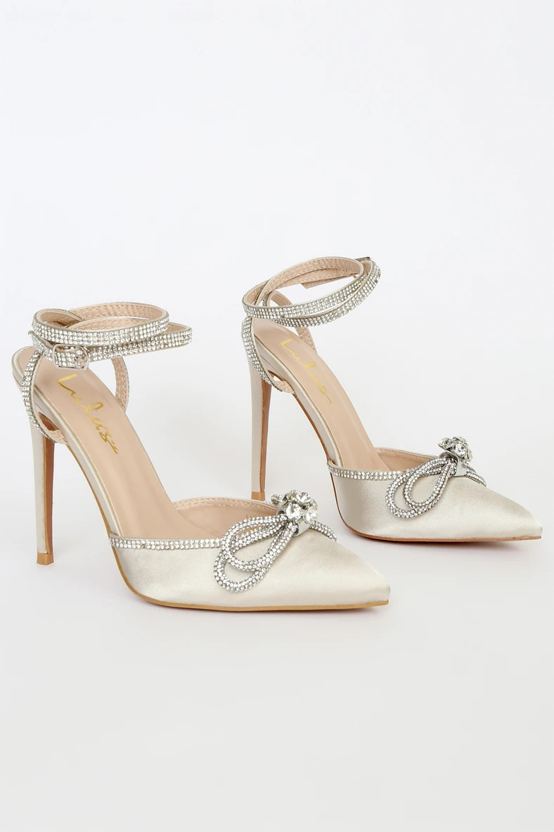 Lullie Ivory Satin Rhinestone Ankle Strap Pointed-Toe Pumps | Lulus
