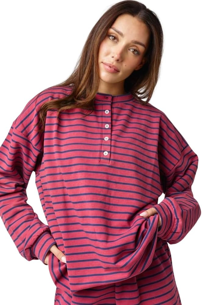 Almere Oversized Cotton Henley Longsleeve Tee, Striped Button Down, Boyfriend Fit | Amazon (US)