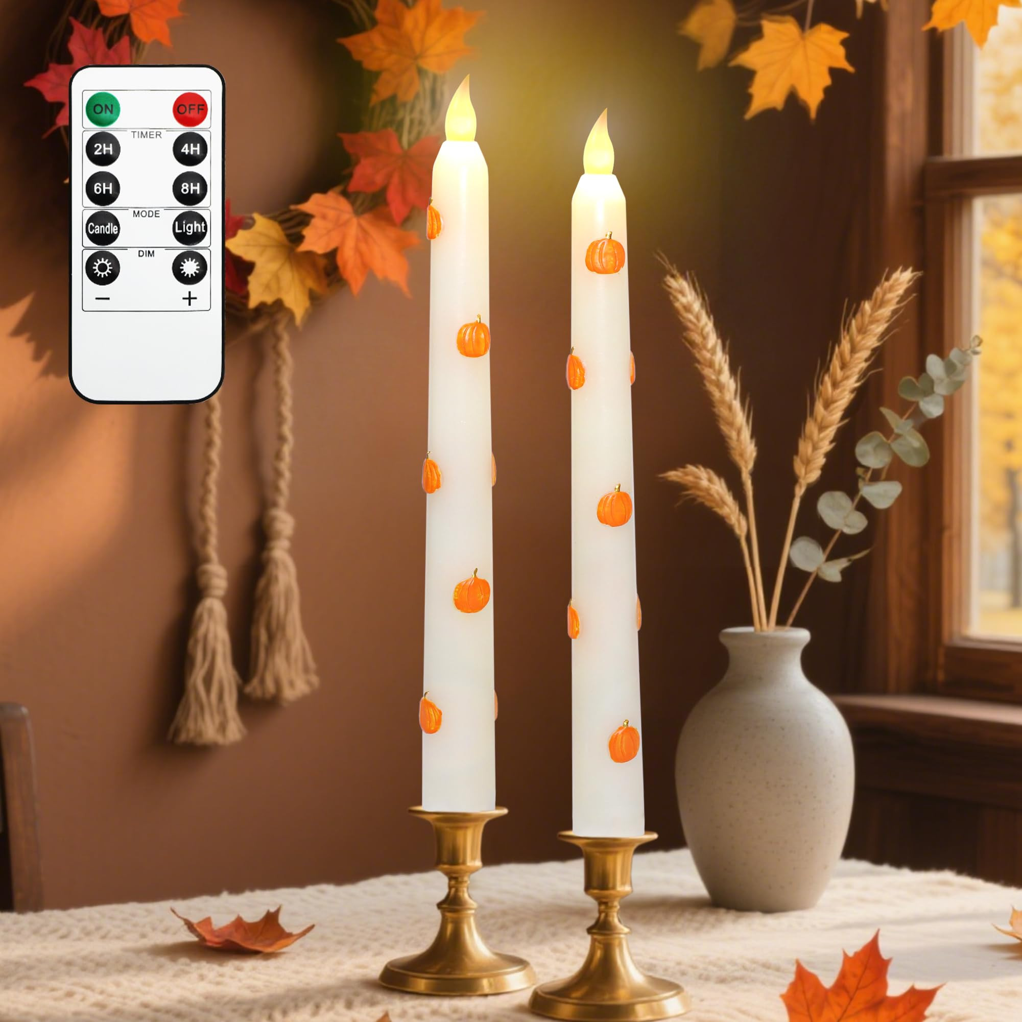 Impress Life Fall Flameless Taper Candles, Battery Operated with Remote Real Wax Pumpkin Carved A... | Amazon (US)