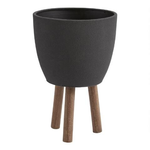 Black Faux Cement Planter With Wood Tripod Legs | World Market