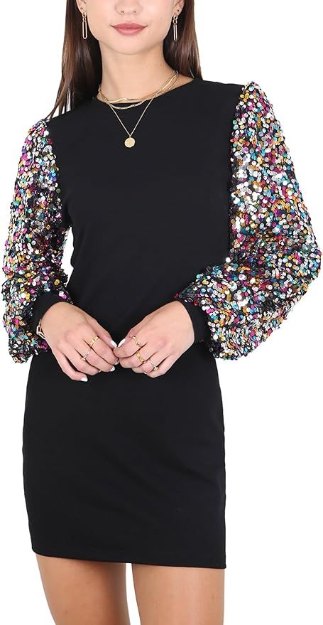 Anna-Kaci Women's Confetti Sequin Balloon Long Sleeve Round Neck Pullover Dress | Amazon (US)