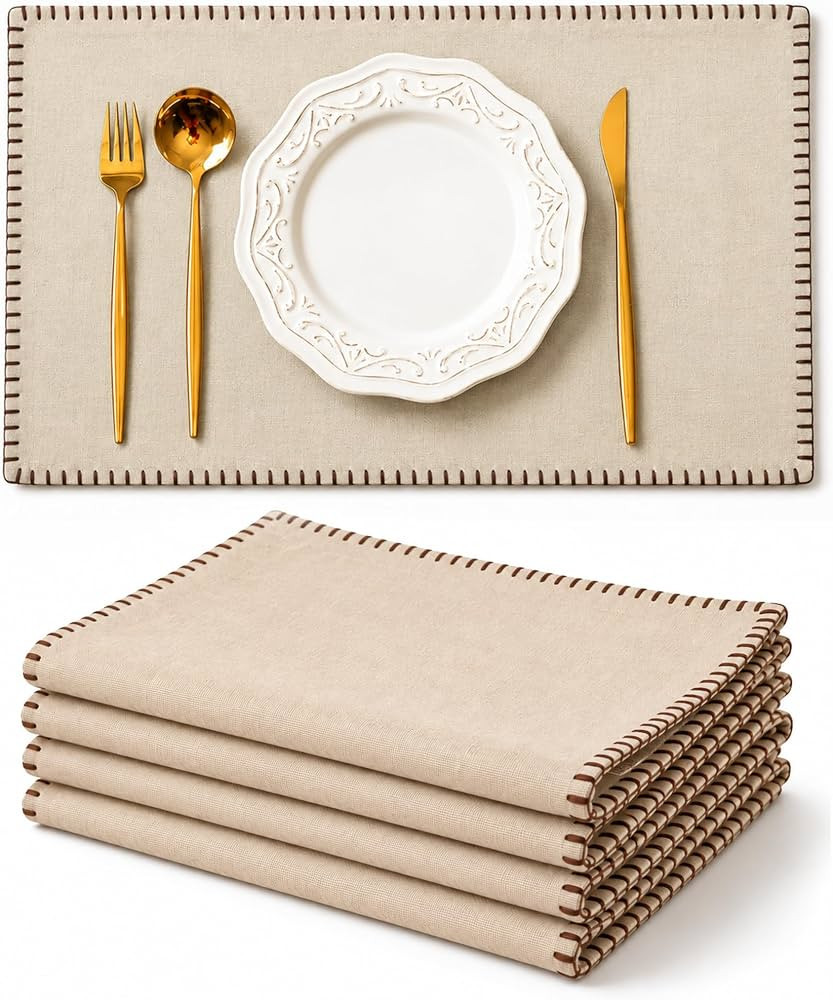 LFH Home Cotton Rich Placemats Set 4, 13 x 19 Inch, Beige | Amazon (US)