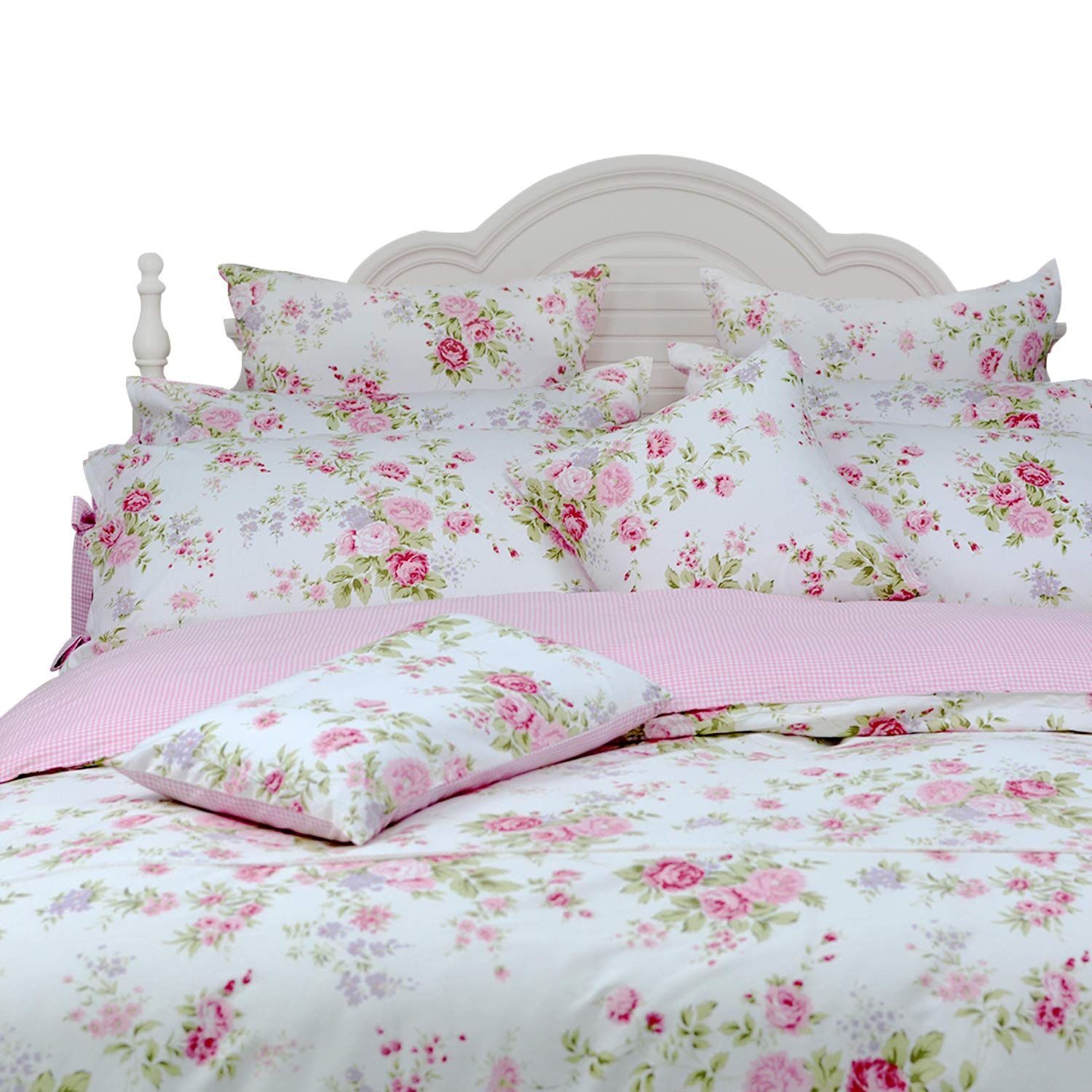 FADFAY Rose Floral Duvet Cover Set Pink Grid Cotton Girls Bedding with Hidden Zipper Closure 3 Pi... | Amazon (US)