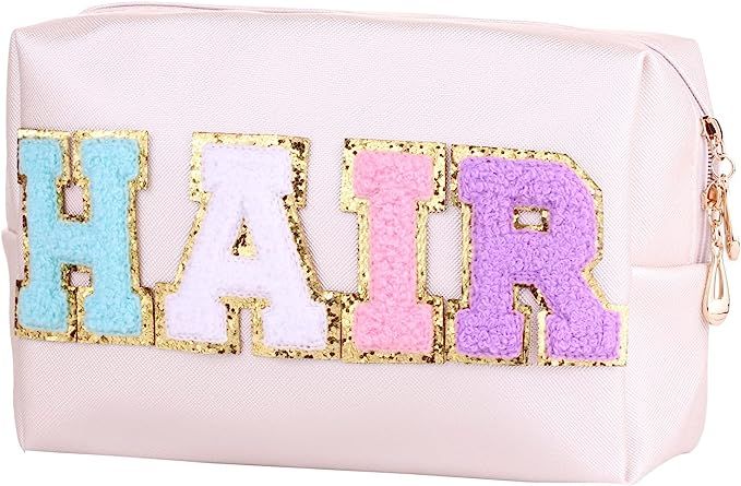 Amazon.com: Preppy Patch Cosmetic Toiletry Bag for Women Girls SKIN Letters PU Leather Portable M... | Amazon (US)