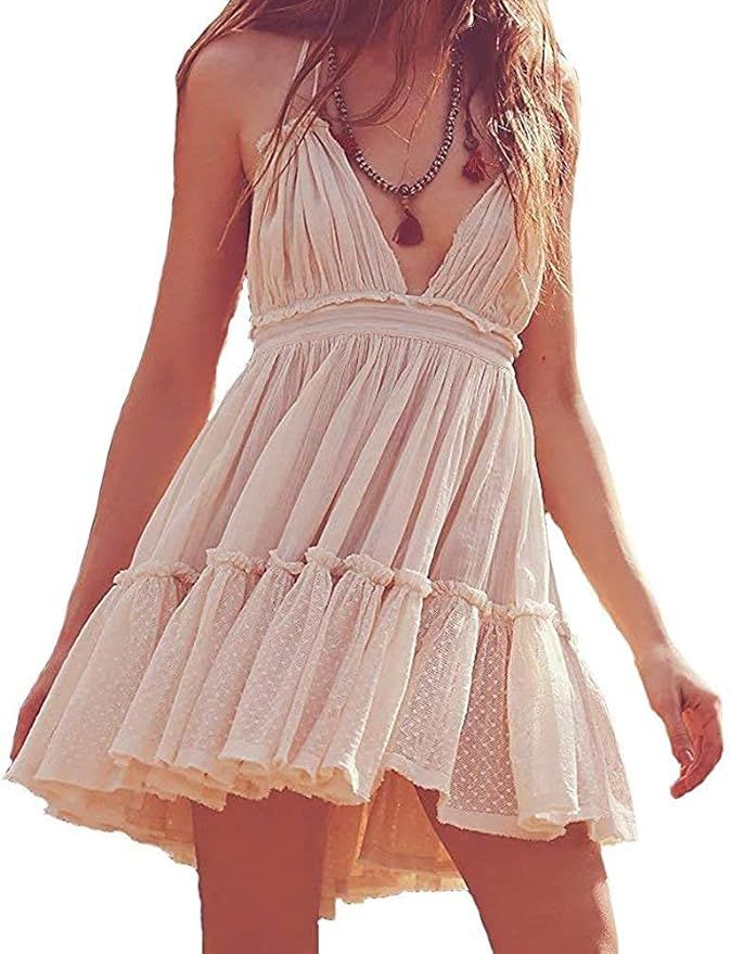 ForeMode Summer Deep V Neck Bohemian Women Mini Short Dress Backless Beach Boho Dress… | Amazon (US)