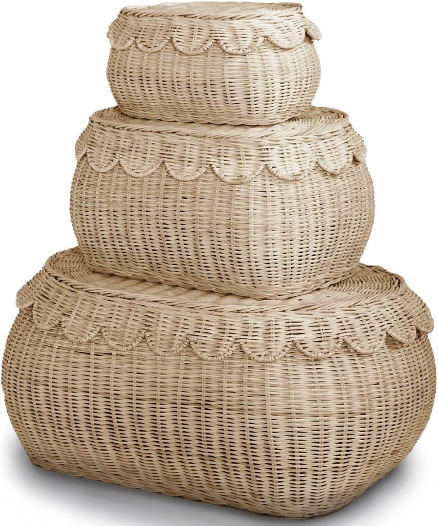 Large Scalloped Basket Set Of 3 - Hand Woven Scallop Basket - 22 x 16 x 10 In - Scalloped Wicker ... | Amazon (US)