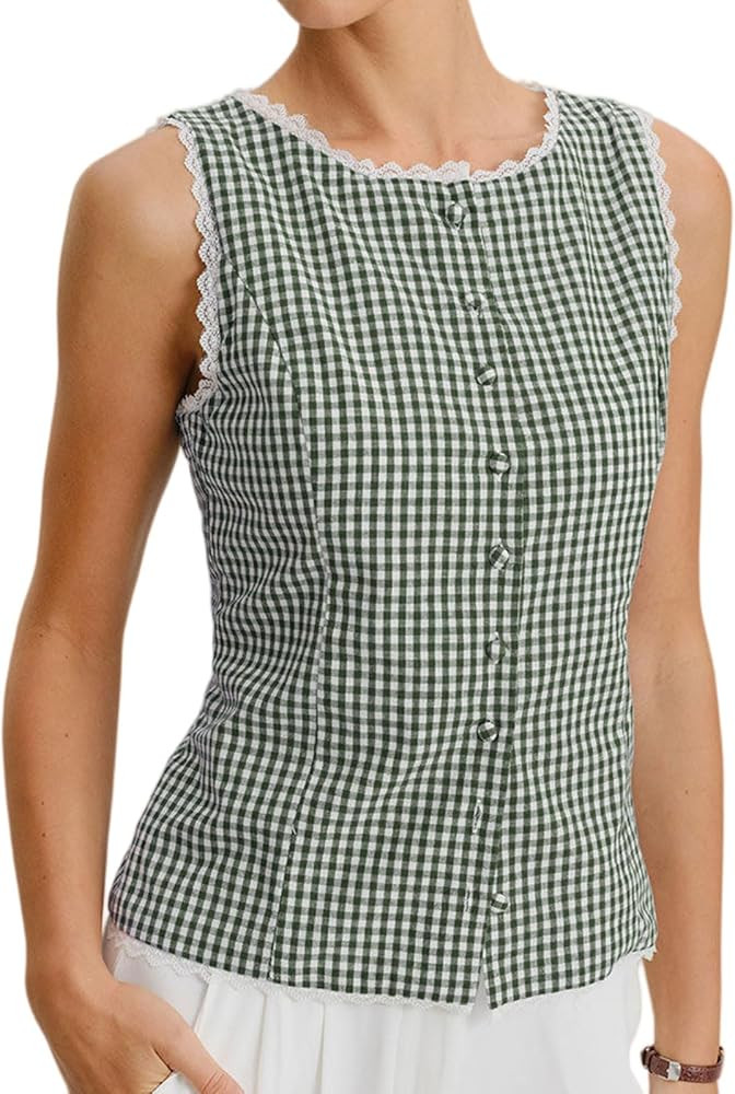 RIHOAS Women's Brown Plaid Sleeveless Button Down Blouse - Lace Trim Fitted Waist Business Casual... | Amazon (US)