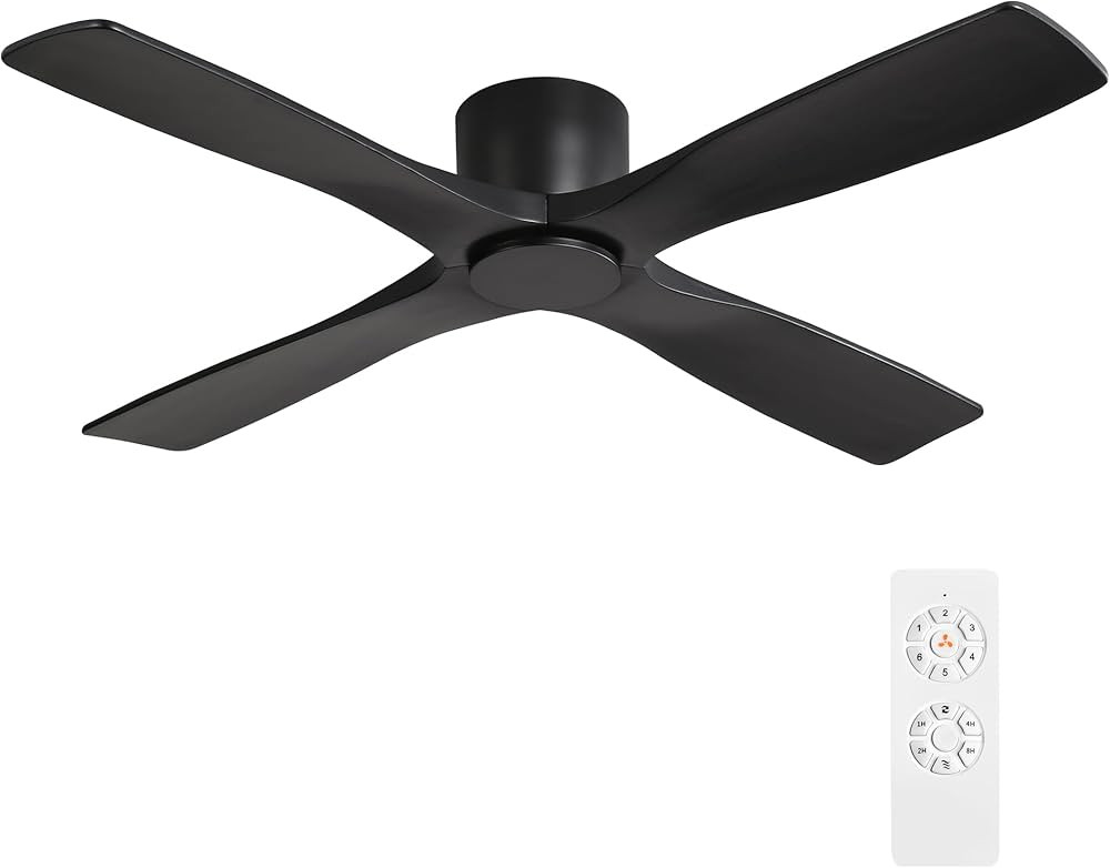 WINGBO 54" Flush Mount DC Ceiling Fans without Lights, 4 Carved Solid Wood Blades, 6-Speed Revers... | Amazon (US)