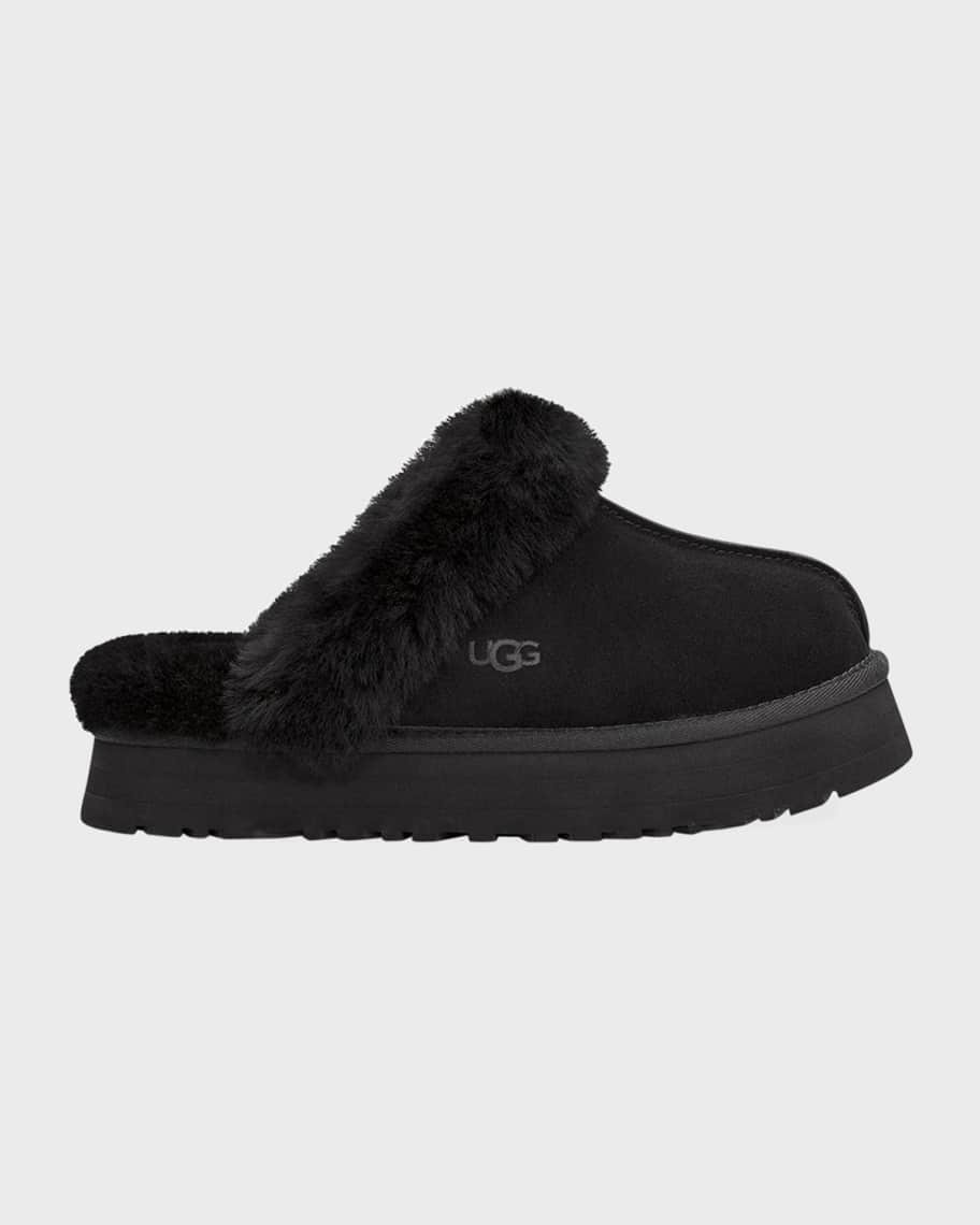 UGG Disquette Suede & Shearling Platform Slippers | Neiman Marcus