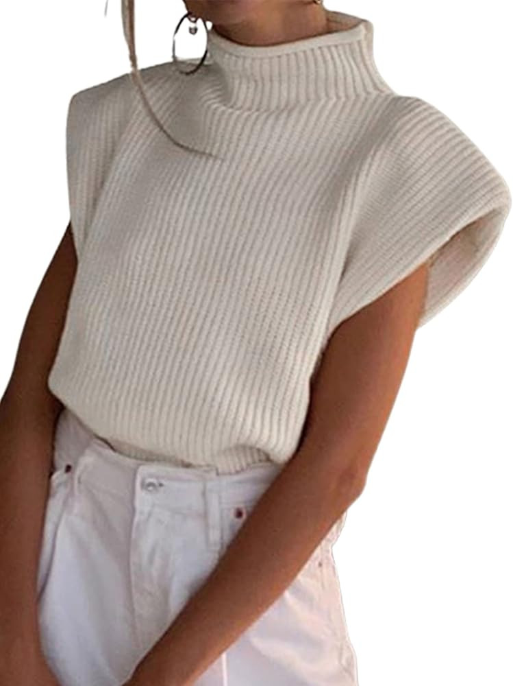 Women's High Neck Knit Sweater Vest Padded Shoulder Turtleneck Sweater Sleeveless Ribbed Pullover... | Amazon (US)