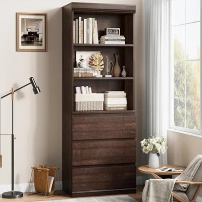70" H Bookcase with 3 Storage Drawers,Tall Bookshelf w/ 3-Tier Open Shelf, Morden Storage Bookcase Wooden Deep Bookshelves | Wayfair North America