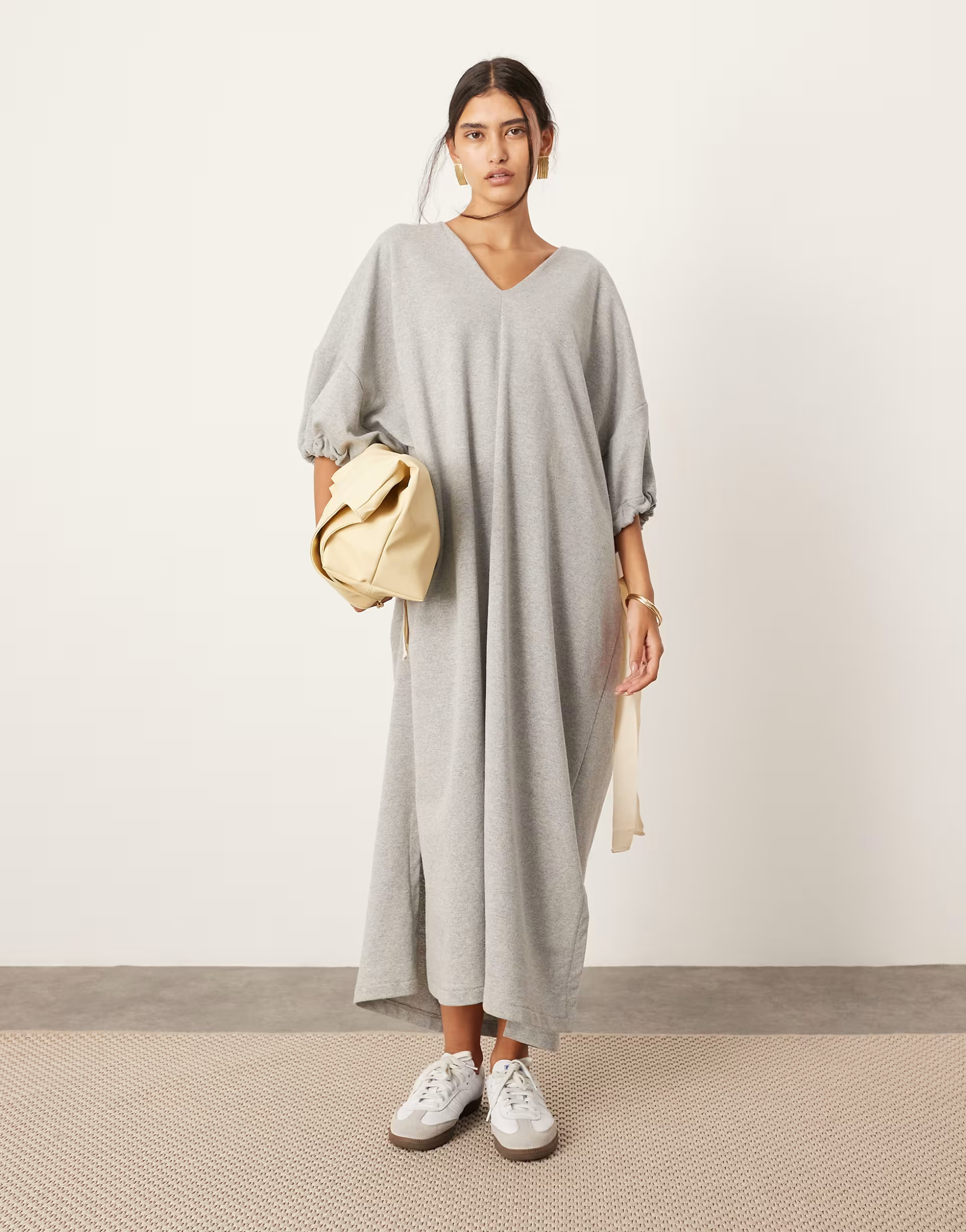 ASOS EDITION jersey v neck oversized sweater dress with contrast tie detail in gray | ASOS | ASOS (Global)