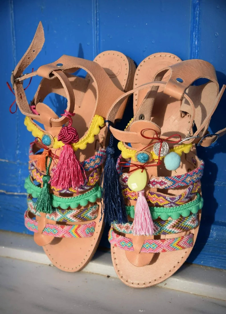 Sandalias de cuero Boho, sandalias griegas, sandalias Boho, sandalias Pom Pom, sandalias Boho Gla... | Etsy (US)