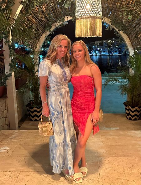 Dinner at Bagatelle Cabo 
Blue and white Ikat maxi dress from Sheridan French fits tts
Pink and red mesh floral strapless mini dress from Princess Polly fits tts
Pamela Munson raffia mini Avis bag with bamboo handle 
Gold espadrilles from Stuart weitzman


#LTKSeasonal #LTKover40 #LTKstyletip