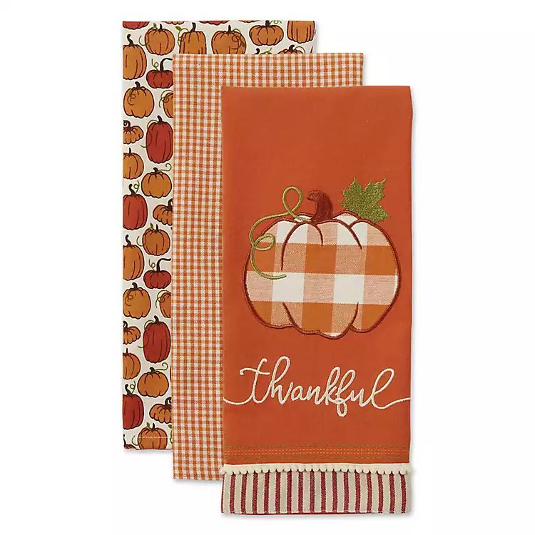 Thankful Checkered Pumpkin 3-pc. Dishtowel Set | Kirkland's Home