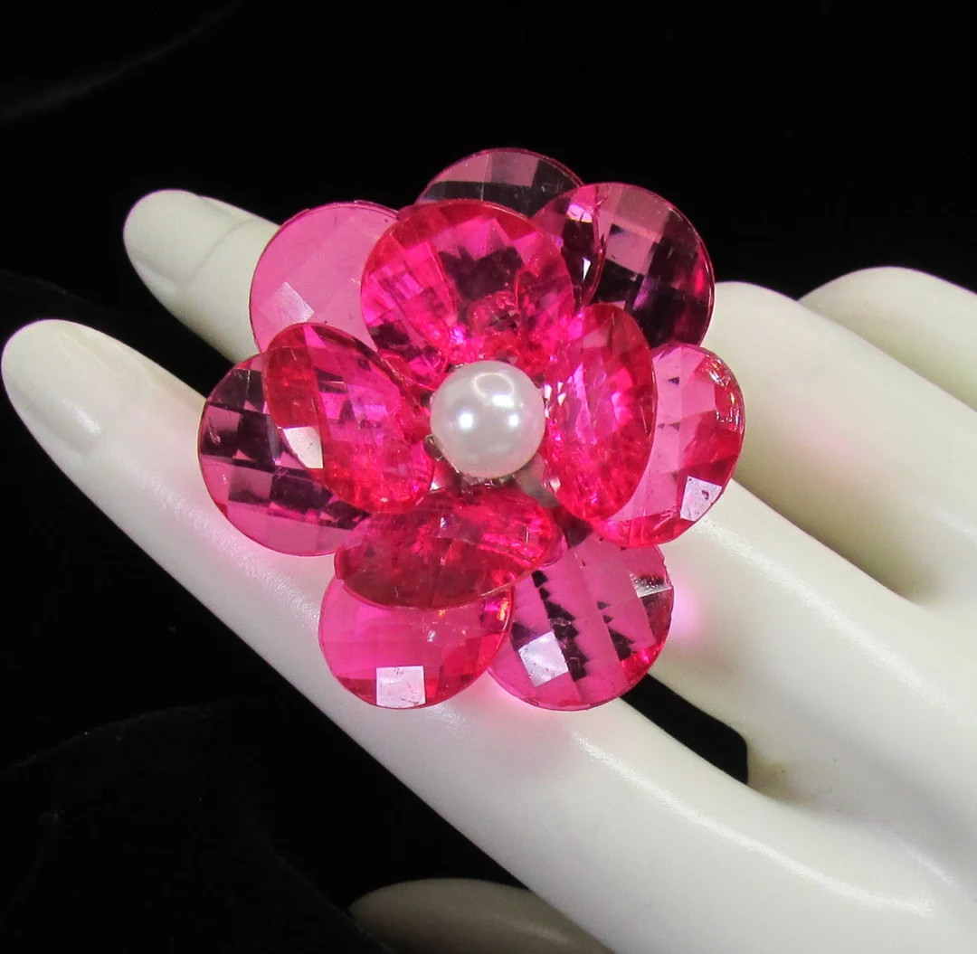 Big Hot Pink Pretty Flower Ring Pearl Center Silver - Etsy | Etsy (US)