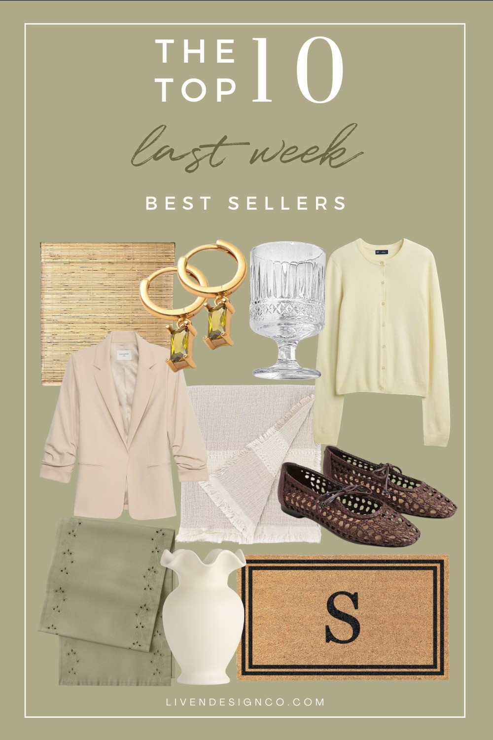 Last week bestselling items. Spring style. Spring decor. Home decor. Woven shade. Yellow cardigan. Linen blazer. Woven leather ballet flats. Gemstone earrings. Goblets glassware. Table runner. Target home. Throw blanket. Monogrammed doormat. Welcome mat. Coir mat. Amazon home. Ruffled vase. Walmart home

#LTKSeasonal #LTKHome #LTKSaleAlert