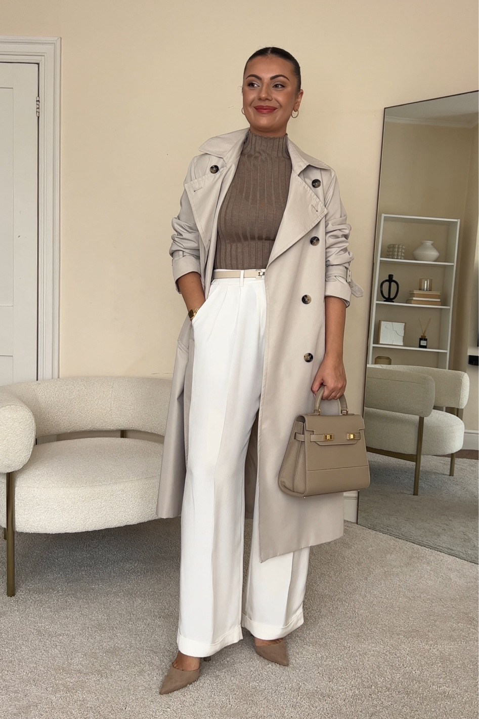 Smart casual autumn outfit.
Top is from LilySilk, wearing size UK8.
Trousers are from LilySilk, wearing size UK14.
Trench coat is from Mango, wearing size S.
Bag is from Teddy Blake. Heels are from H&M. Belt is from Reiss.

#LTKeurope #LTKstyletip #LTKfindsunder100
